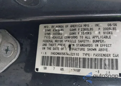 2007 Honda Accord 3.0 Ex from USA, damaged, VIN 1HGCM66587A002110